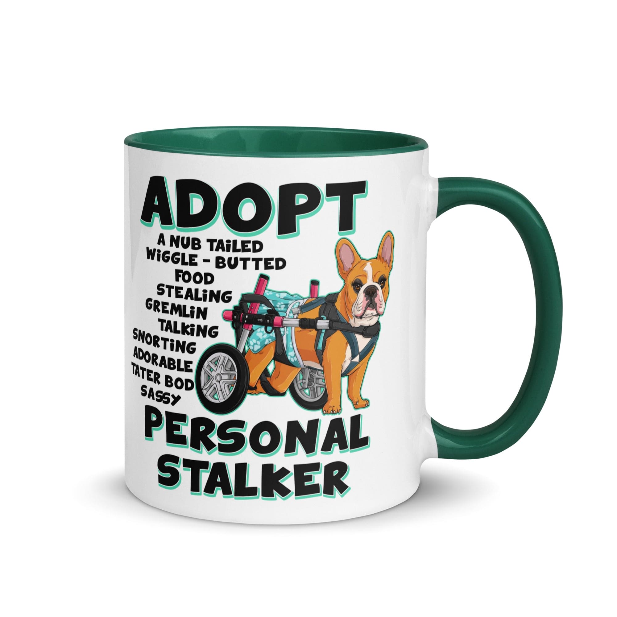 &quot;Adopt A Personal Stalker&quot; Female French Bulldog Mug | Red &amp; White Colored with Spina Bifida in Wheelchair