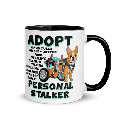 &quot;Adopt A Personal Stalker&quot; Female French Bulldog Mug | Red &amp; White Colored with Spina Bifida in Wheelchair