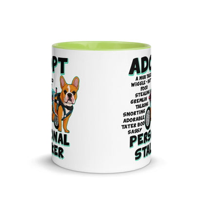 &quot;Adopt A Personal Stalker&quot; Female French Bulldog Mug | Red &amp; White Colored with Spina Bifida in Wheelchair