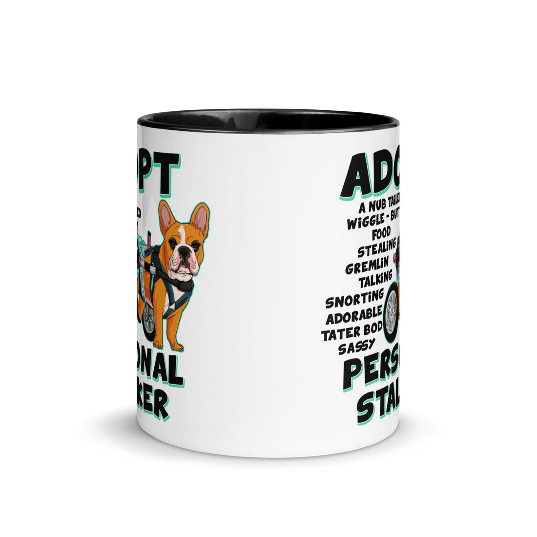 "Adopt A Personal Stalker" Female French Bulldog Mug | Red & White Colored with Spina Bifida in Wheelchair