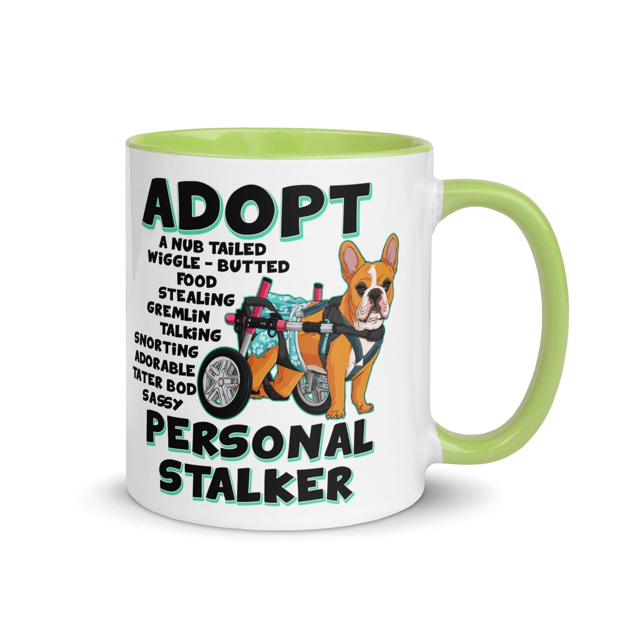 &quot;Adopt A Personal Stalker&quot; Female French Bulldog Mug | Red &amp; White Colored with Spina Bifida in Wheelchair