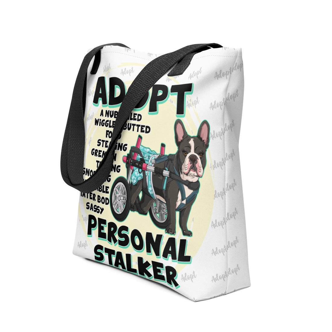 "Adopt A Personal Stalker" Female French Bulldog Tote Bag | B&W Colored with Spina Bifida in Wheelchair