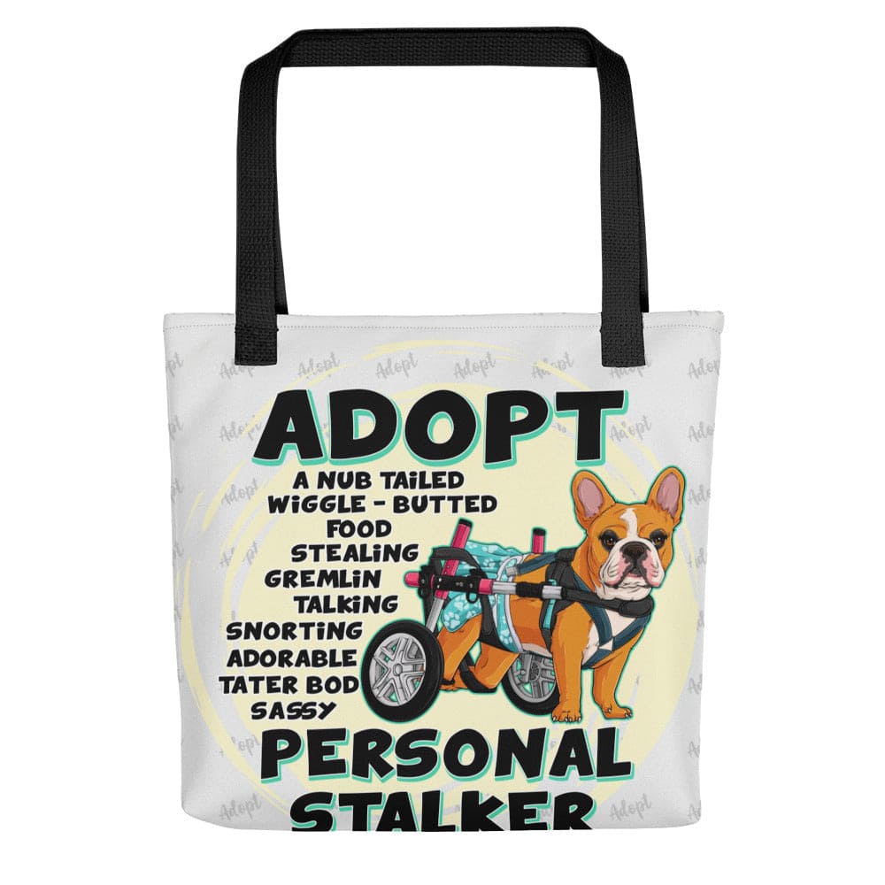 &quot;Adopt A Personal Stalker&quot; Female French Bulldog Tote Bag | Red &amp; White Colored with Spina Bifida in Wheelchair