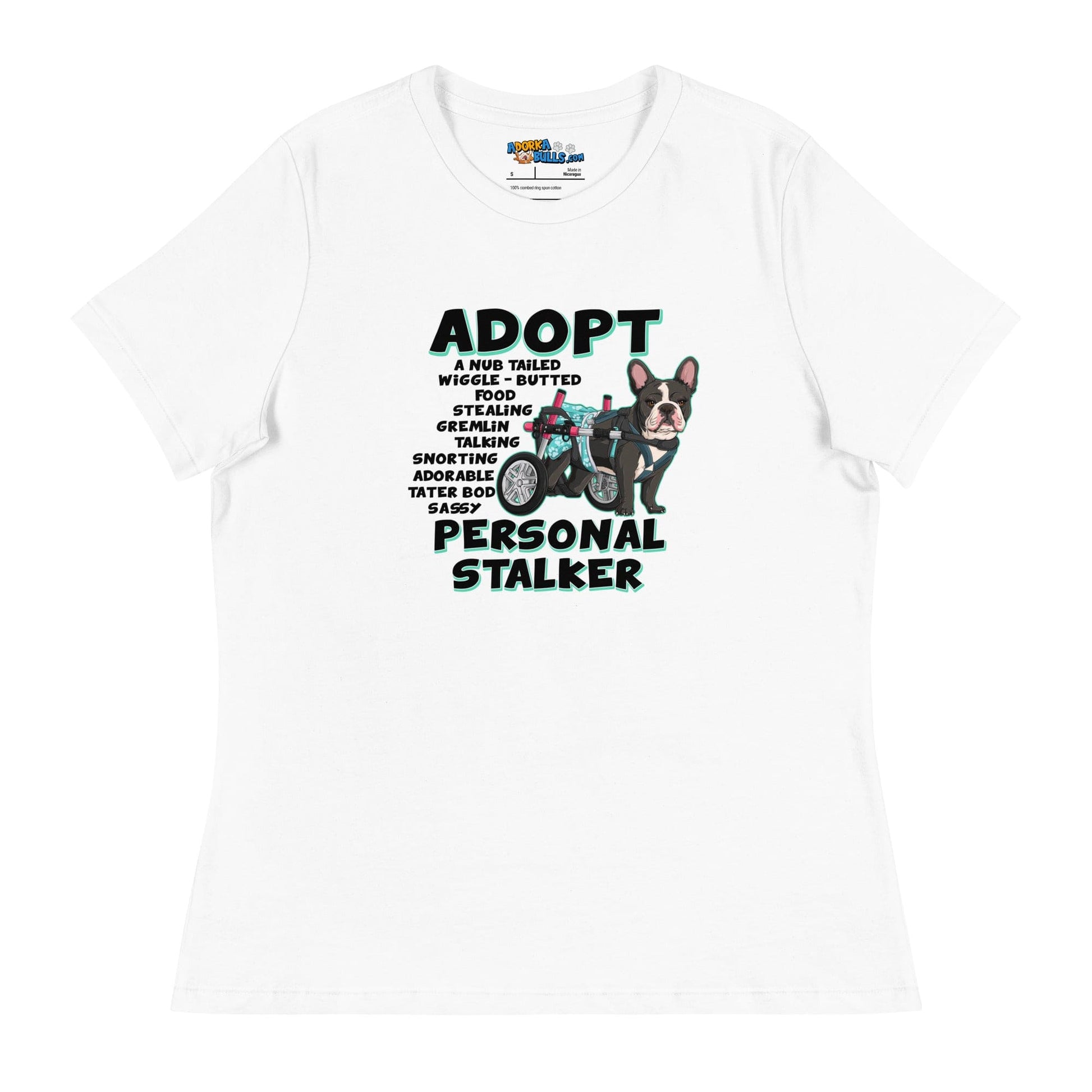 "Adopt A Personal Stalker" Female French Bulldog Women's Relaxed Tee | B&W Colored with Spina Bifida in Wheelchair