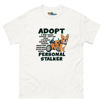 "Adopt A Personal Stalker" French Bulldog Men's Tee | Red & White Colored in Wheelchair