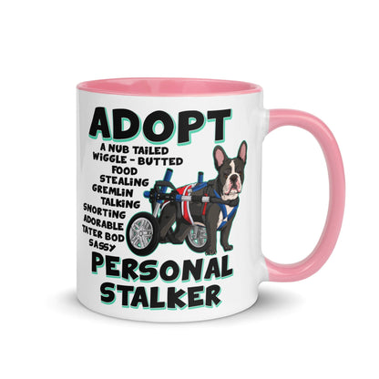 &quot;Adopt A Personal Stalker&quot; French Bulldog Mug | B&amp;W Colored with Spina Bifida in Wheelchair