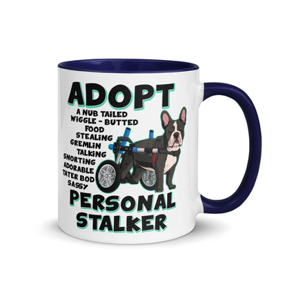 &quot;Adopt A Personal Stalker&quot; French Bulldog Mug | B&amp;W Colored with Spina Bifida in Wheelchair