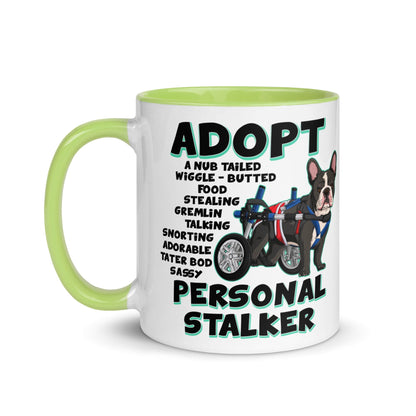 &quot;Adopt A Personal Stalker&quot; French Bulldog Mug | B&amp;W Colored with Spina Bifida in Wheelchair