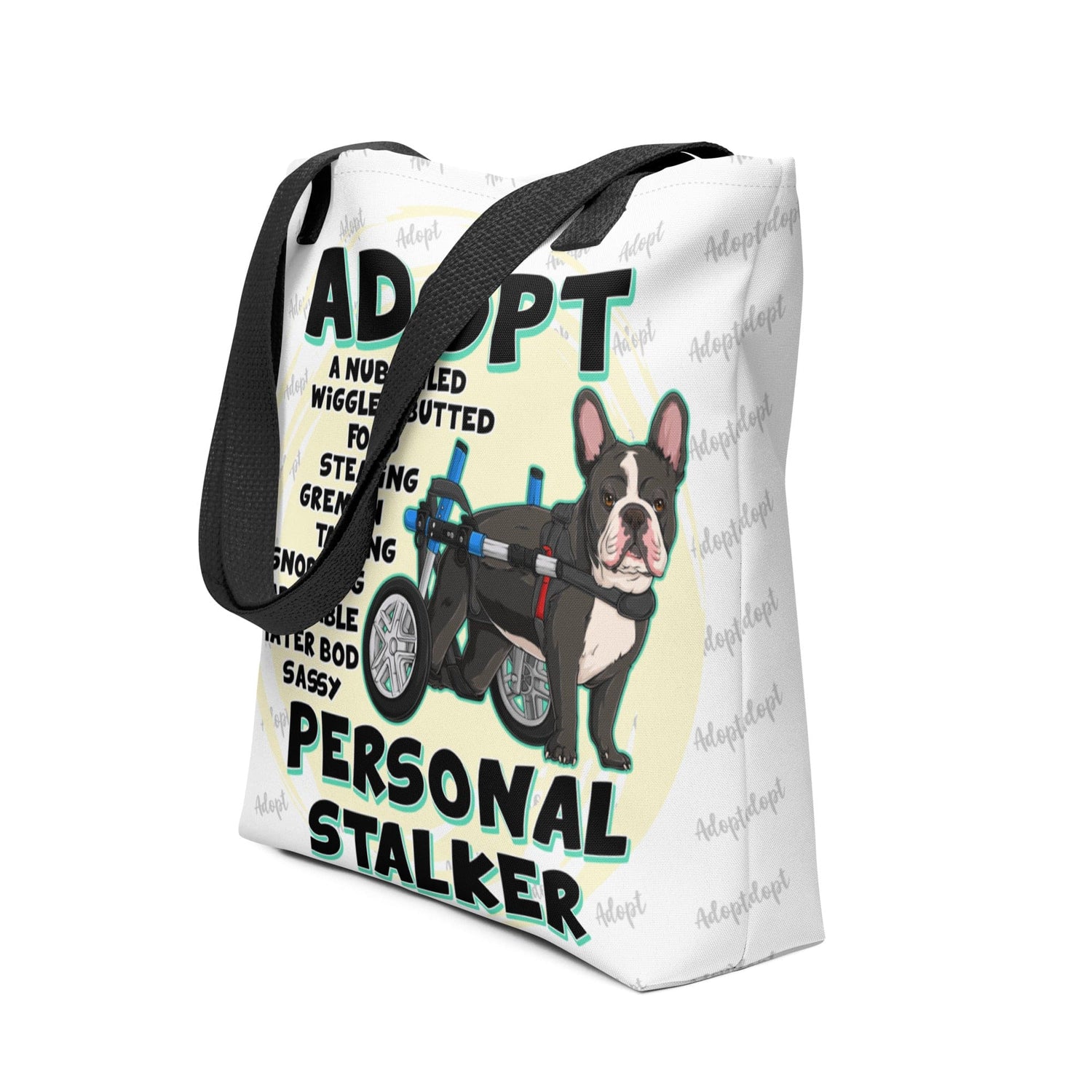 &quot;Adopt A Personal Stalker&quot; French Bulldog Tote Bag | B&amp;W Colored in Wheelchair