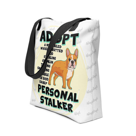 "Adopt A Personal Stalker" French Bulldog Tote Bag | Red & White Colored