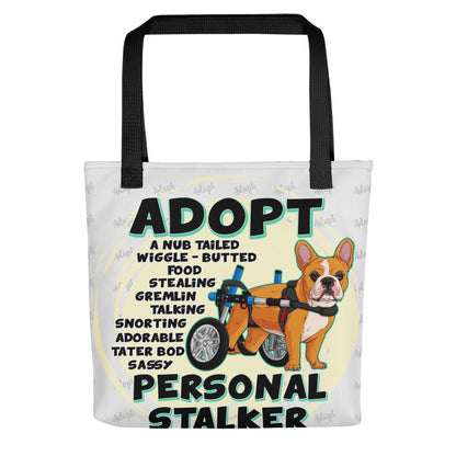 &quot;Adopt A Personal Stalker&quot; French Bulldog Tote Bag | Red &amp; White Colored in Wheelchair