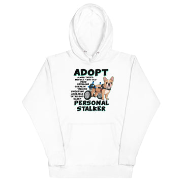 "Adopt A Personal Stalker" French Bulldog Unisex Hoodie | Fawn & White Colored in Wheelchair