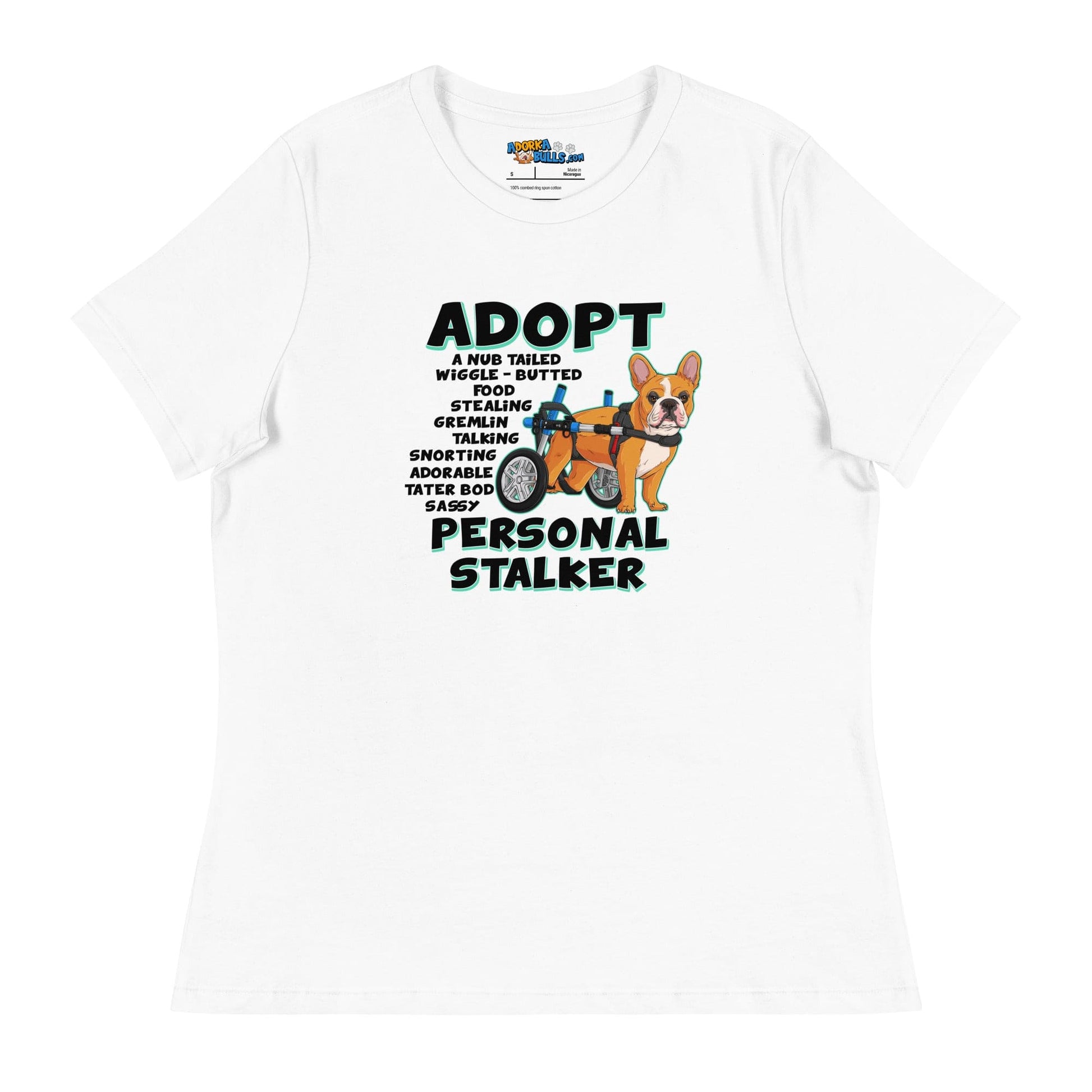 "Adopt A Personal Stalker" French Bulldog Women's Relaxed Tee | Red & White Colored in Wheelchair