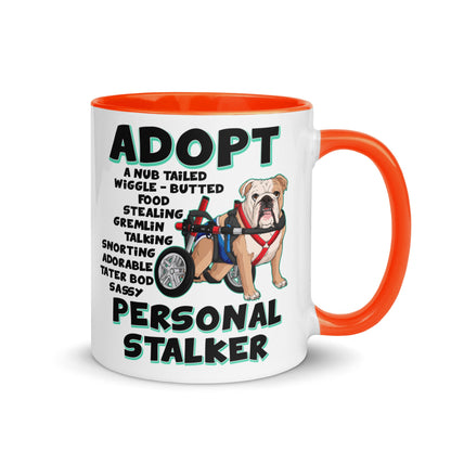 &quot;Adopt A Personal Stalker&quot; Male English Bulldog Mug | Fawn &amp; White Colored with Spina Bifida in Wheelchair