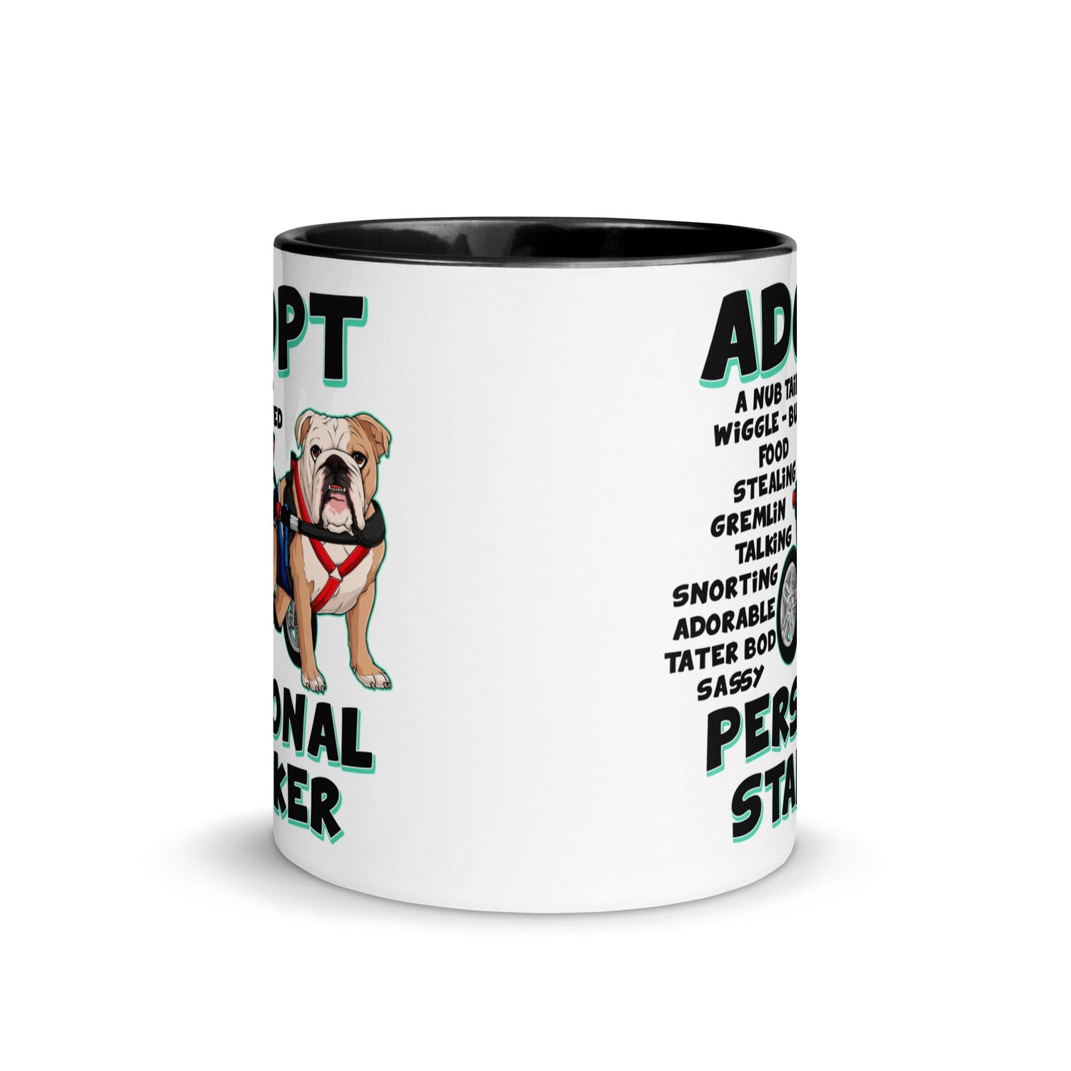 &quot;Adopt A Personal Stalker&quot; Male English Bulldog Mug | Fawn &amp; White Colored with Spina Bifida in Wheelchair