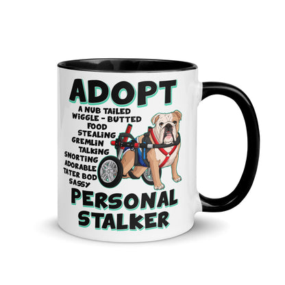 &quot;Adopt A Personal Stalker&quot; Male English Bulldog Mug | Fawn &amp; White Colored with Spina Bifida in Wheelchair