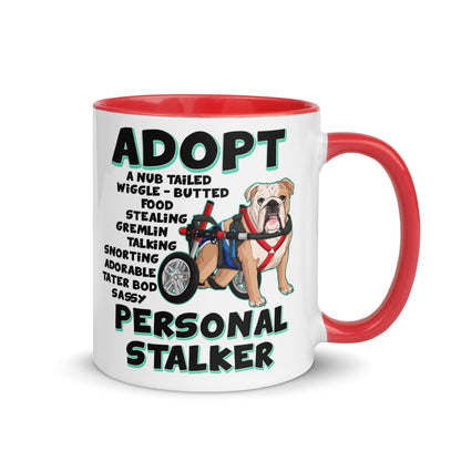 &quot;Adopt A Personal Stalker&quot; Male English Bulldog Mug | Fawn &amp; White Colored with Spina Bifida in Wheelchair