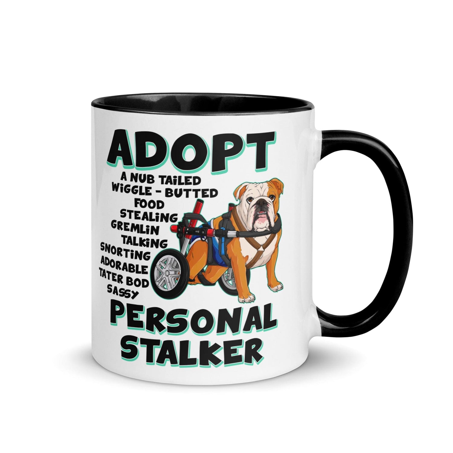 &quot;Adopt A Personal Stalker&quot; Male English Bulldog Mug | Red &amp; White Colored with Spina Bifida in Wheelchair