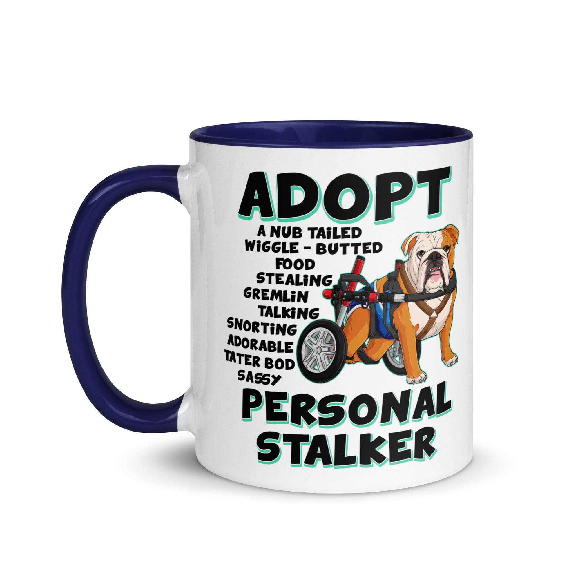 &quot;Adopt A Personal Stalker&quot; Male English Bulldog Mug | Red &amp; White Colored with Spina Bifida in Wheelchair