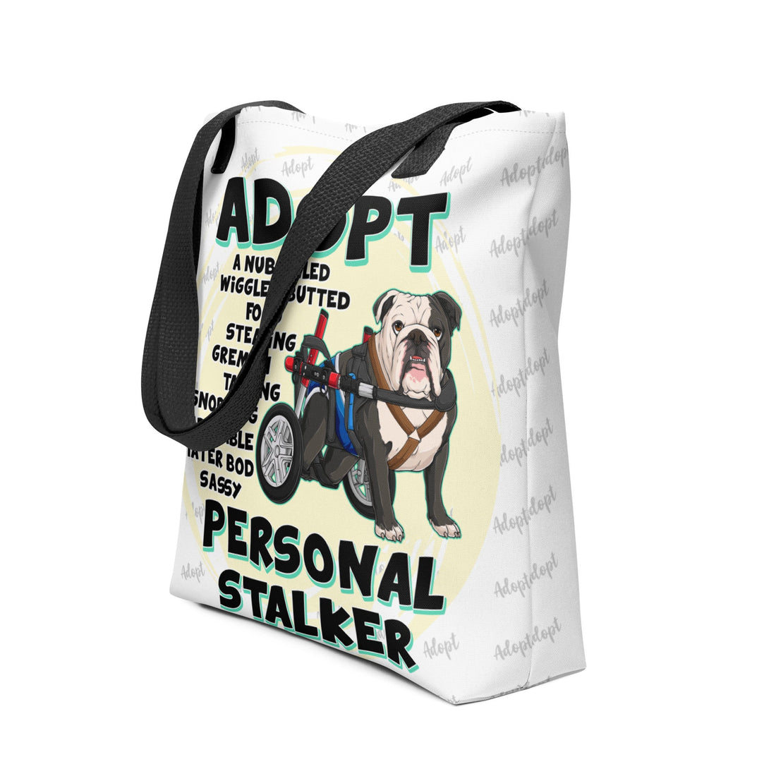 "Adopt A Personal Stalker" Male English Bulldog Tote Bag | B&W Colored with Spina Bifida in Wheelchair