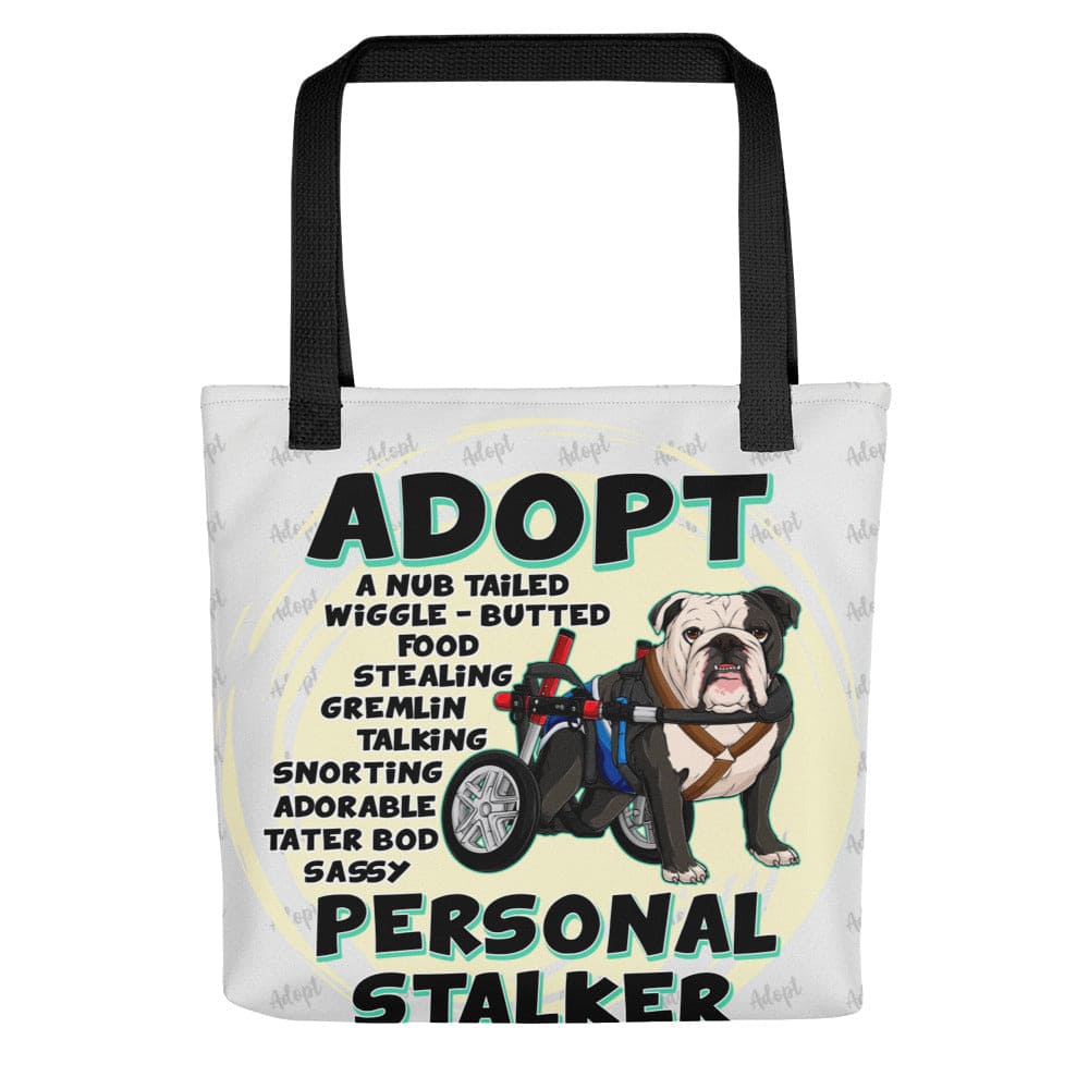 &quot;Adopt A Personal Stalker&quot; Male English Bulldog Tote Bag | B&amp;W Colored with Spina Bifida in Wheelchair