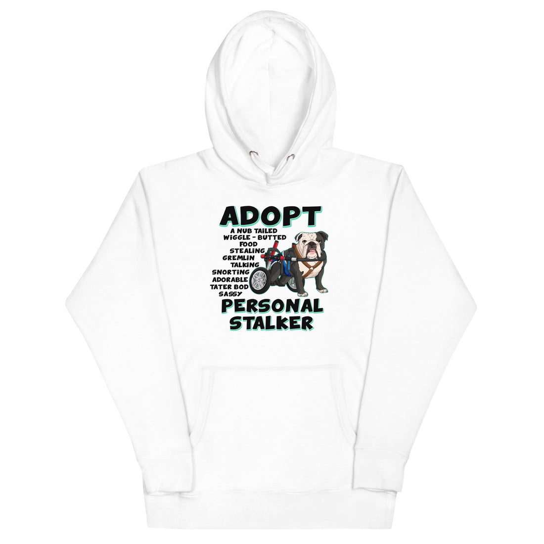 &quot;Adopt A Personal Stalker&quot; Male English Bulldog Tote Bag | B&amp;W Colored with Spina Bifida in Wheelchair