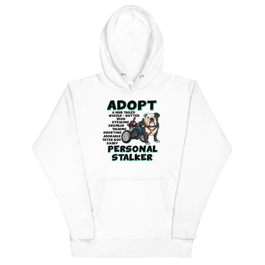 "Adopt A Personal Stalker" Male English Bulldog Tote Bag | B&W Colored with Spina Bifida in Wheelchair