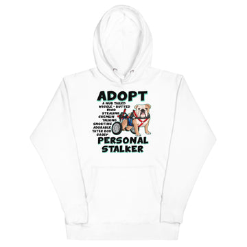 "Adopt A Personal Stalker" Male English Bulldog Unisex Hoodie | Fawn & White Colored with Spina Bifida in Wheelchair