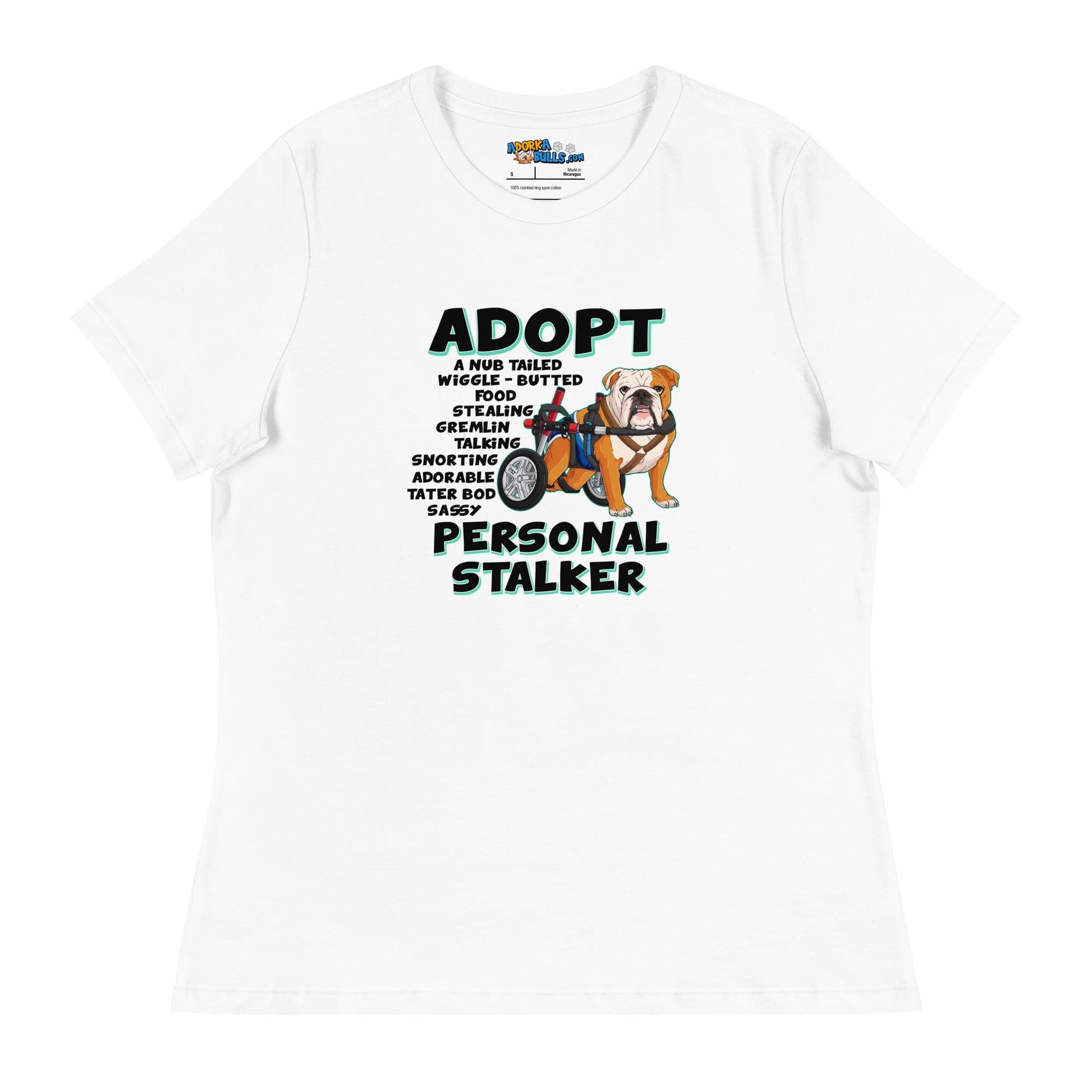 "Adopt A Personal Stalker" Male English Bulldog Women's Relaxed Tee | Red & White Colored with Spina Bifida in Wheelchair