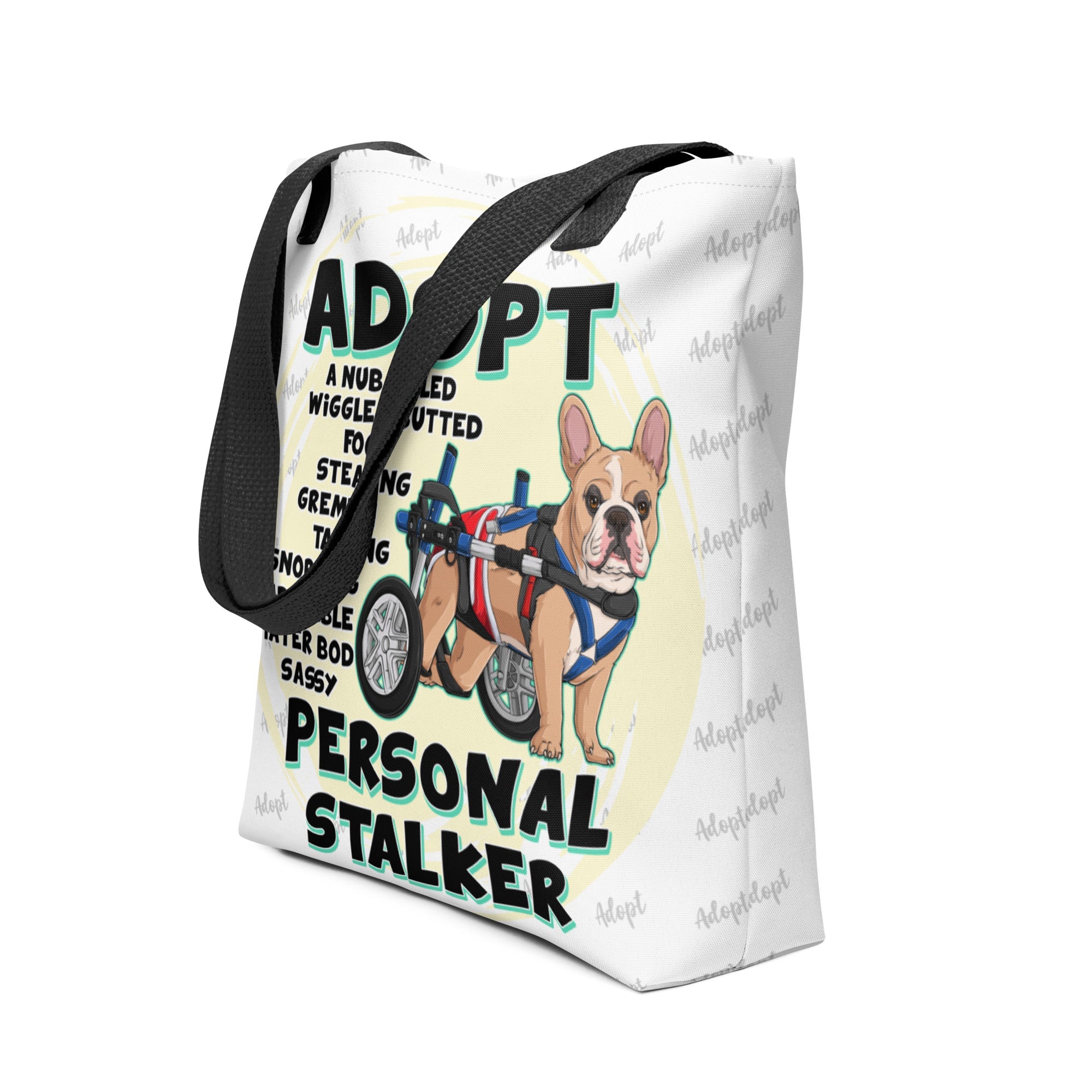 &quot;Adopt A Personal Stalker&quot; Male French Bulldog Tote Bag | Fawn &amp; White Colored with Spina Bifida in Wheelchair