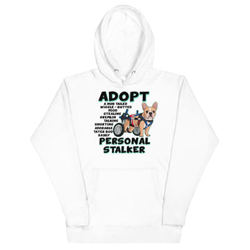 "Adopt A Personal Stalker" Male French Bulldog Unisex Hoodie | Fawn & White Colored with Spina Bifida in Wheelchair