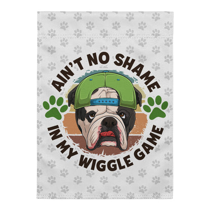&quot;Ain’t No Shame in My Wiggle Game&quot; – Male English Bulldog Garden Flag