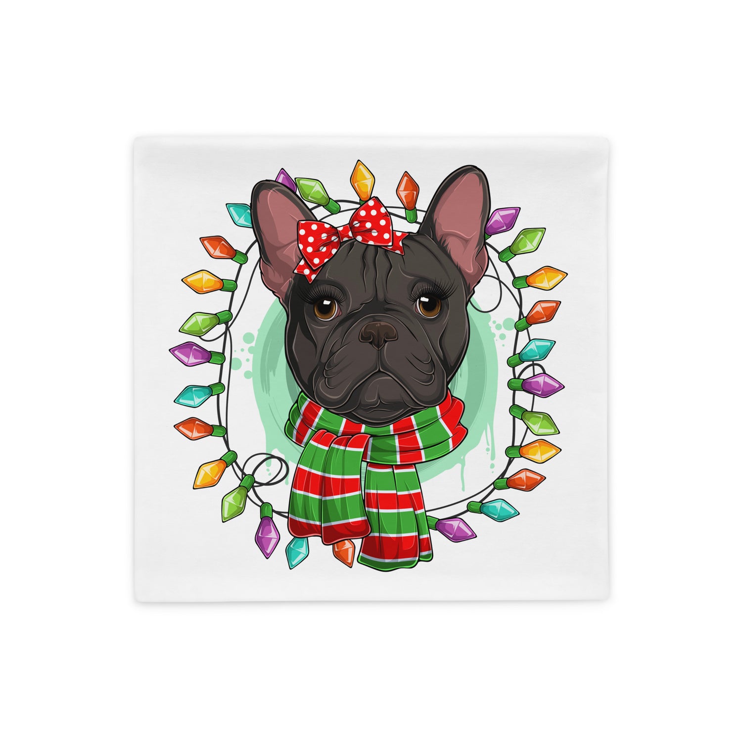 Festive Frenchie with Christmas Lights Pillow Case | B&amp;W Colored Female