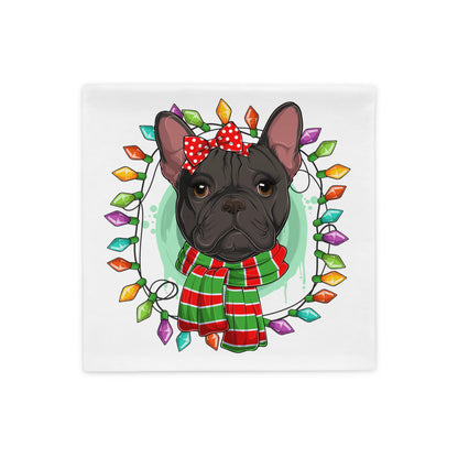 Festive Frenchie with Christmas Lights Pillow Case | B&amp;W Colored Female