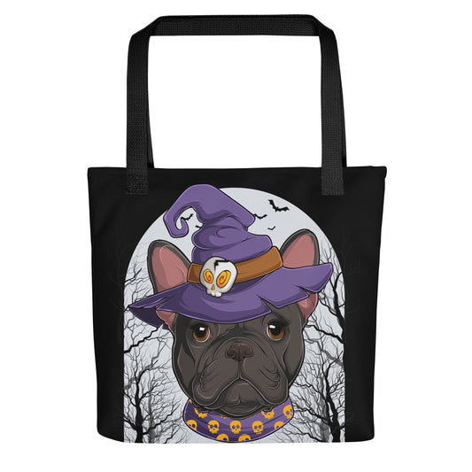 Halloween Frenchie Witch Tote Bag | B&W Colored Female