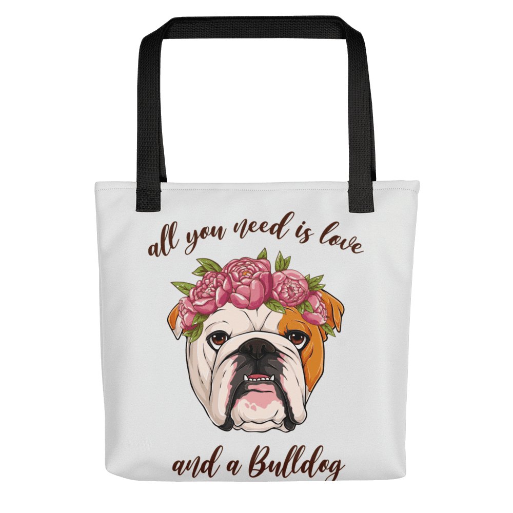 &quot;All You Need Is Love and a Bulldog&quot; Tote Bag | Red &amp; White Colored