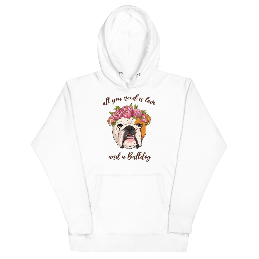 &quot;All You Need Is Love and a Bulldog&quot; Unisex Hoodie | Red &amp; White Colored English Bulldog