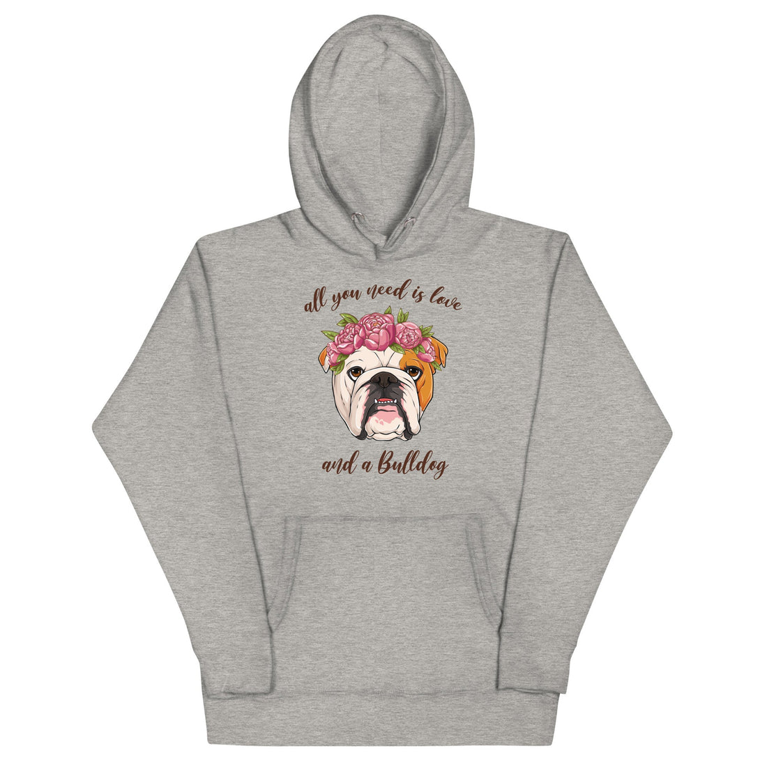 "All You Need Is Love and a Bulldog" Unisex Hoodie | Red &amp; White Colored English Bulldog