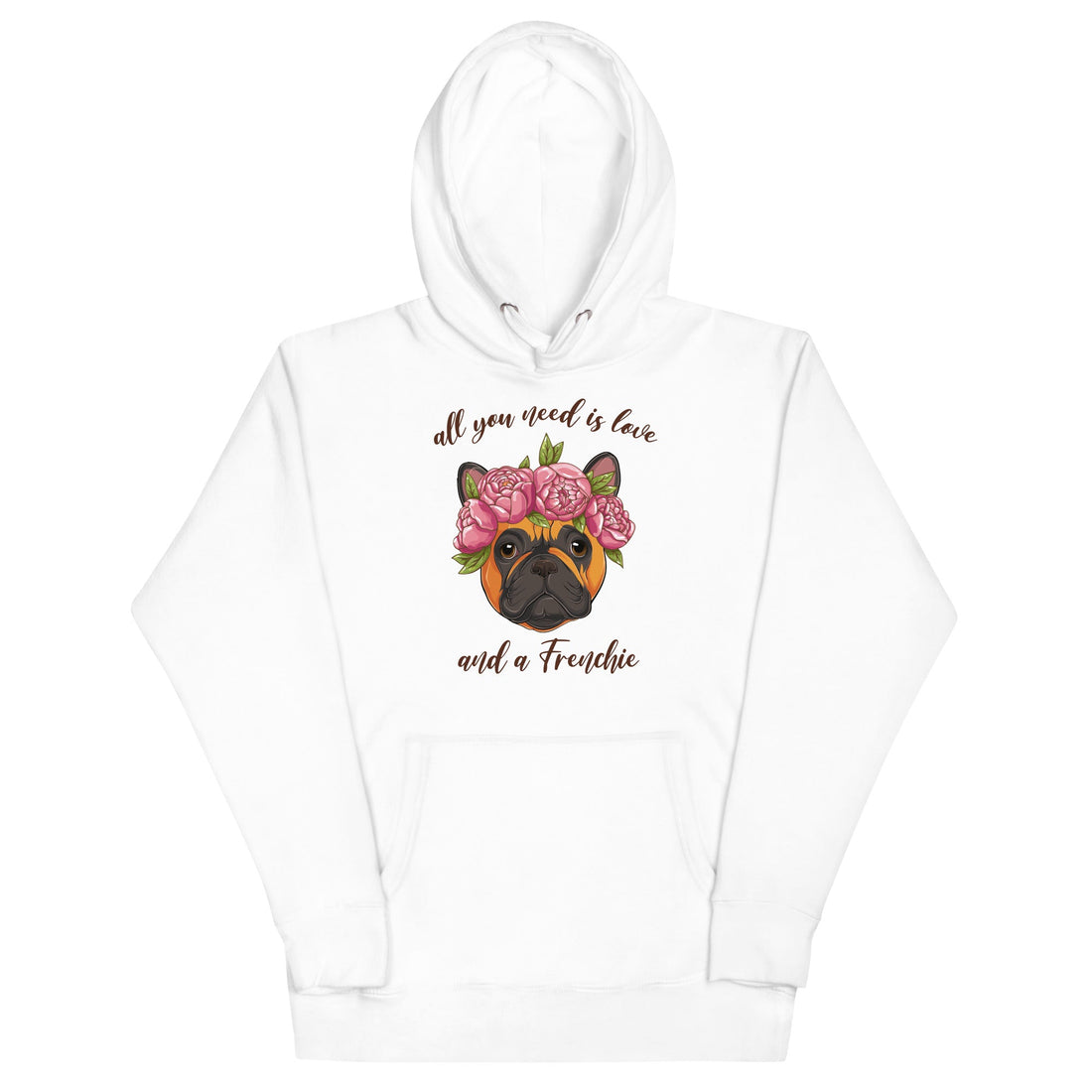 &quot;All You Need Is Love and a Frenchie&quot; Unisex Hoodie | Red &amp; White Colored