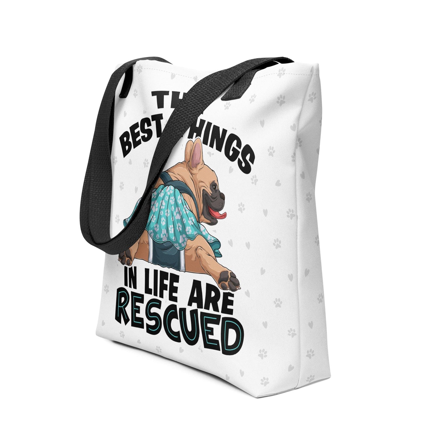 &quot;Best Things in Life are Rescued&quot; Female French Bulldog Tote Bag | Fawn &amp; White Colored with Spina Bifida