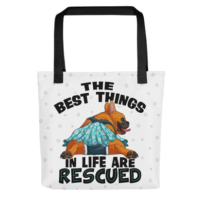 &quot;Best Things in Life are Rescued&quot; Female French Bulldog Tote Bag | Red &amp; White Colored with Spina Bifida