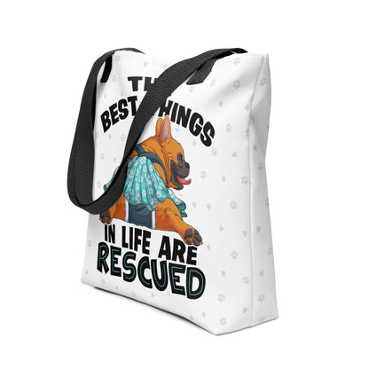 &quot;Best Things in Life are Rescued&quot; Female French Bulldog Tote Bag | Red &amp; White Colored with Spina Bifida