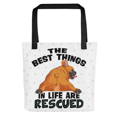 "Best Things in Life are Rescued" French Bulldog Tote Bag | Red &amp; White Colored