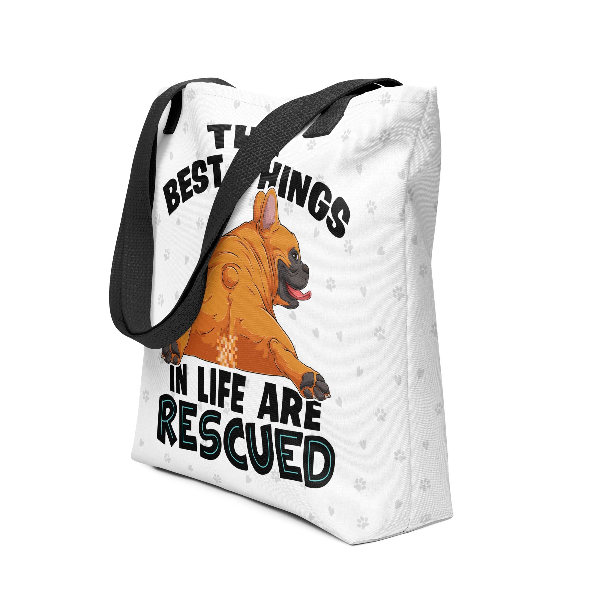 "Best Things in Life are Rescued" French Bulldog Tote Bag | Red &amp; White Colored