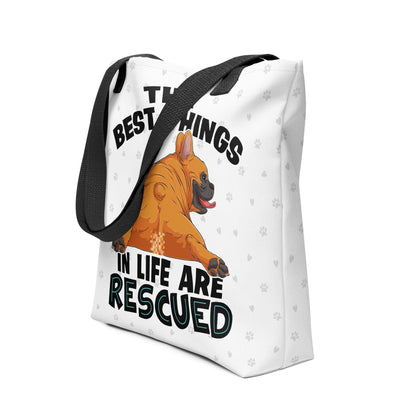 "Best Things in Life are Rescued" French Bulldog Tote Bag | Red &amp; White Colored