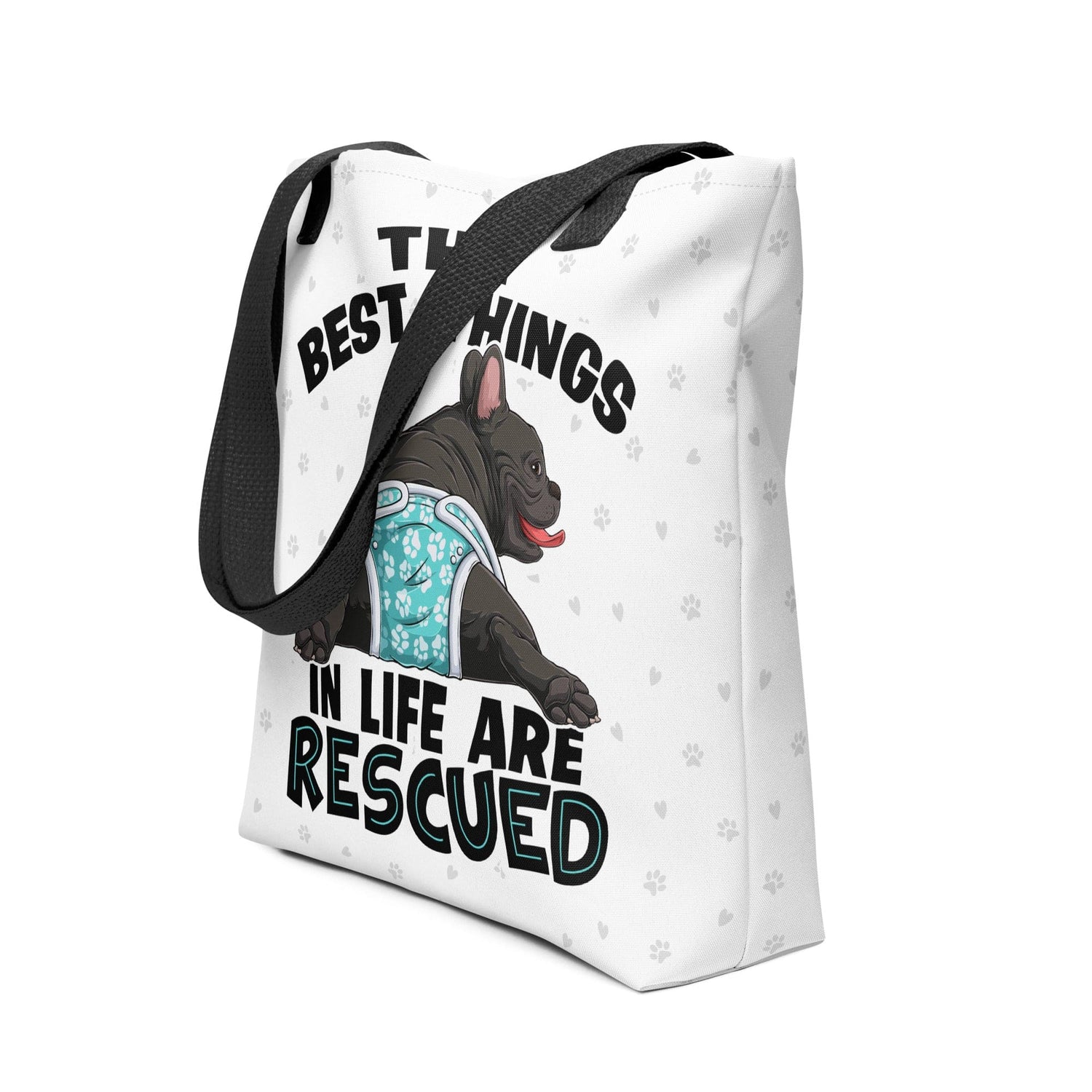 &quot;Best Things in Life are Rescued&quot; Male French Bulldog Tote Bag | B&amp;W Colored with Spina Bifida