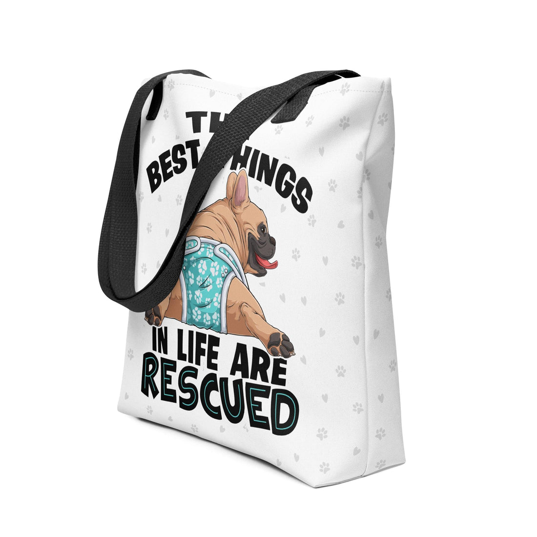 "Best Things in Life are Rescued" Male French Bulldog Tote Bag | Fawn & White Colored with Spina Bifida