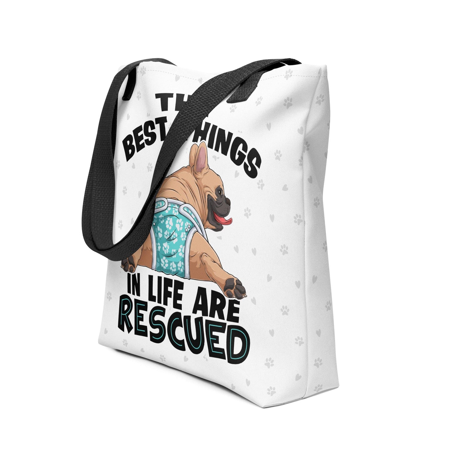 &quot;Best Things in Life are Rescued&quot; Male French Bulldog Tote Bag | Fawn &amp; White Colored with Spina Bifida