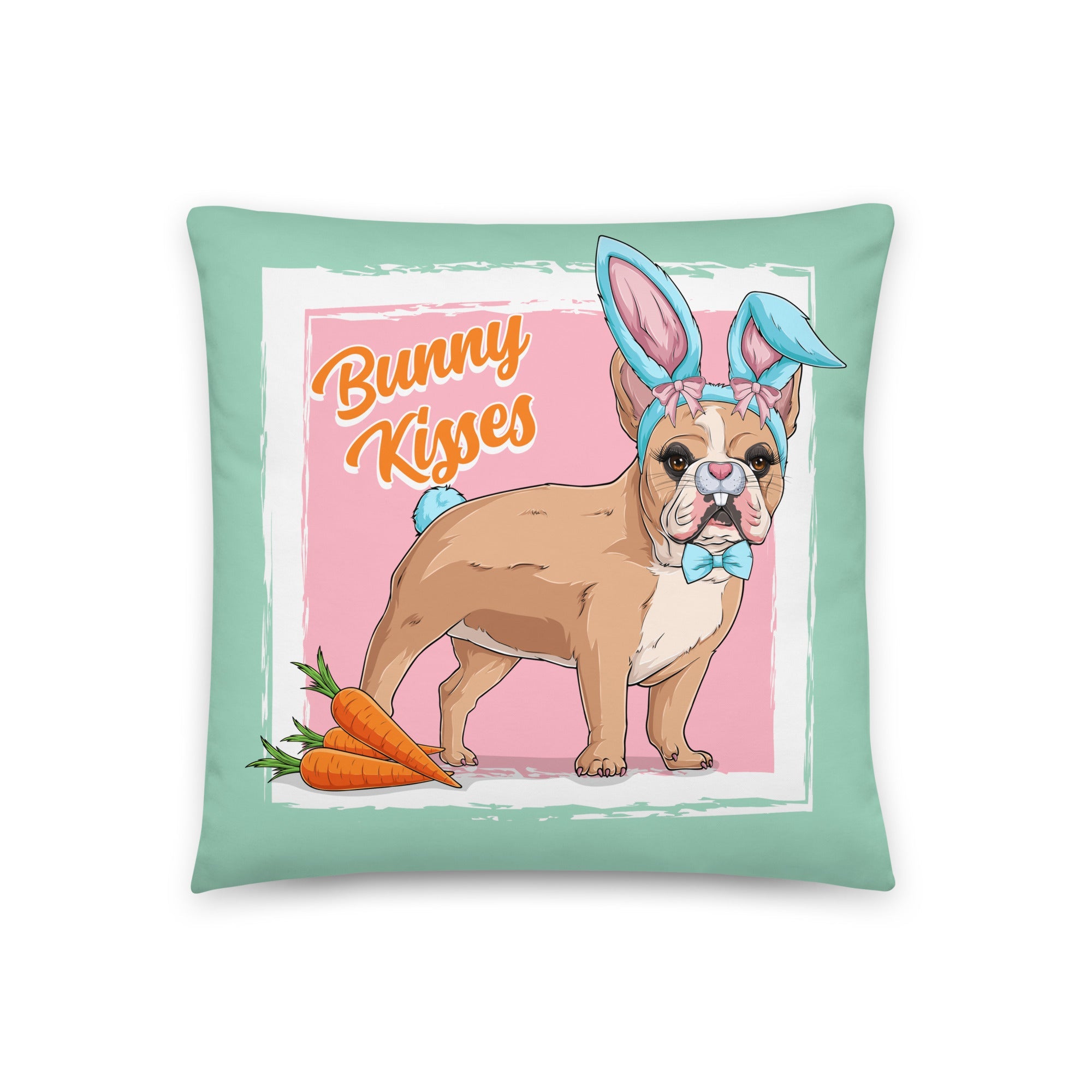 Blue &quot;Bunny Kisses&quot; Female French Bulldog Throw Pillow | Fawn &amp; White Colored