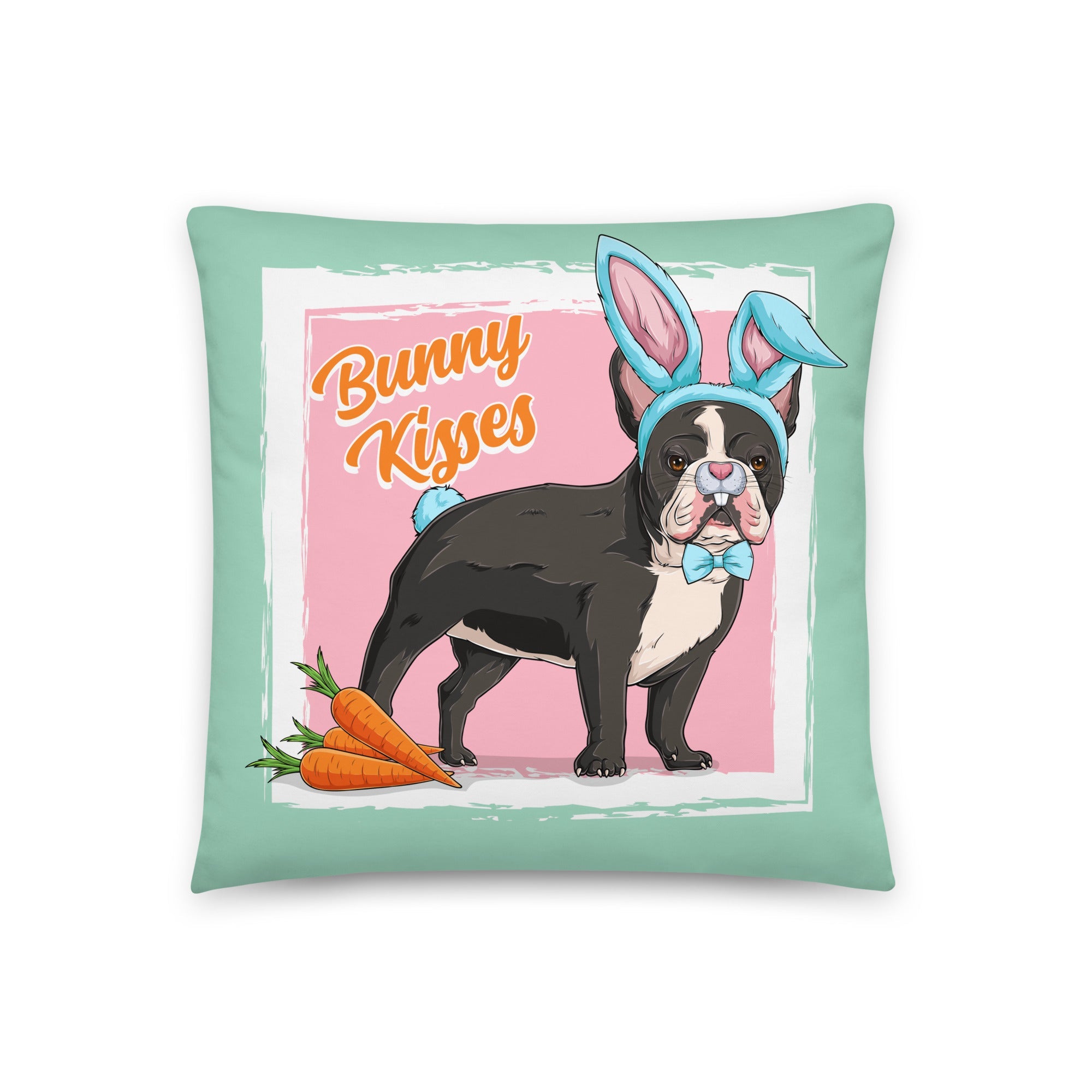 Blue &quot;Bunny Kisses&quot; Male French Bulldog Throw Pillow | B&amp;W Colored